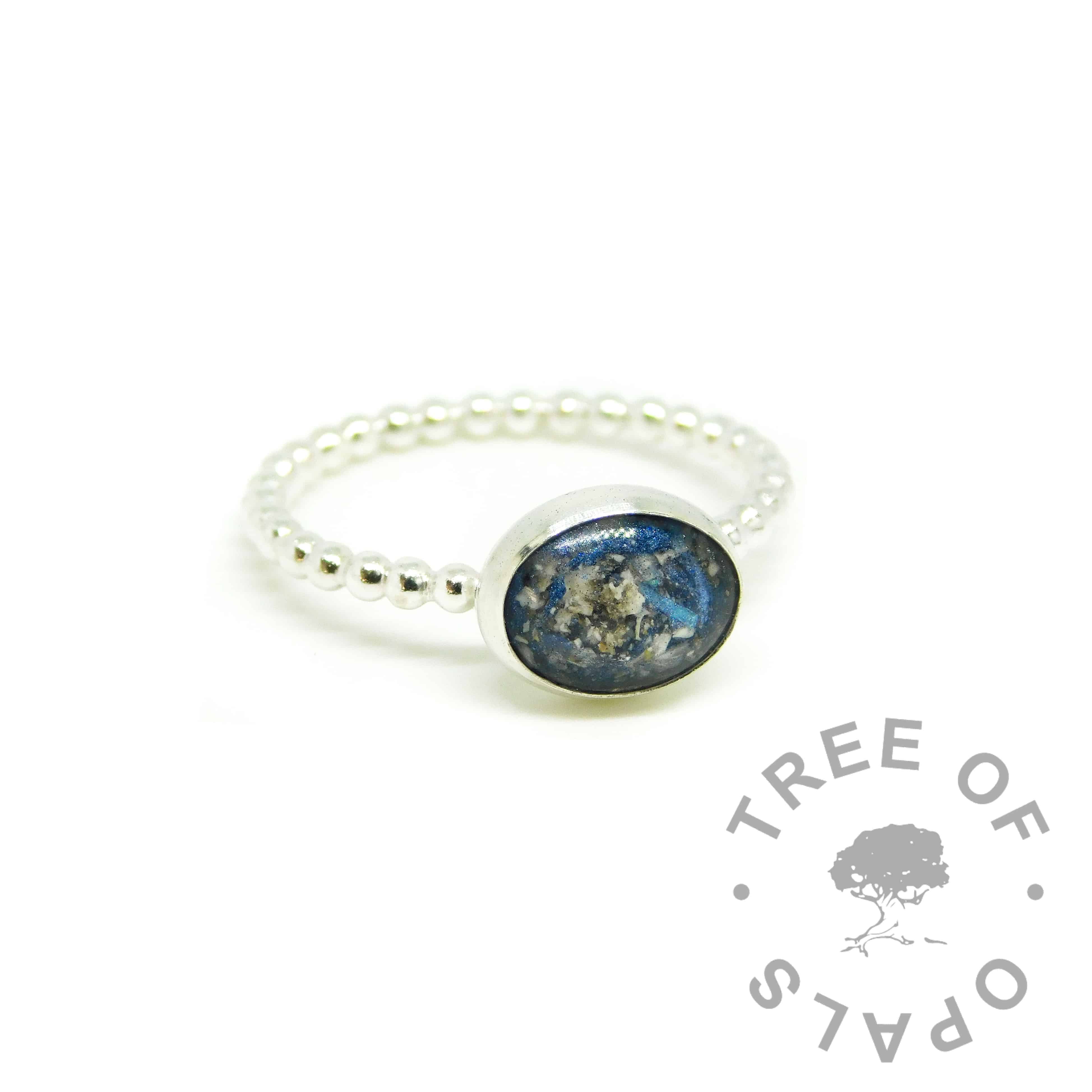 blue ashes ring, Aegean blue resin sparkle mix, bubble wire Argentium silver band