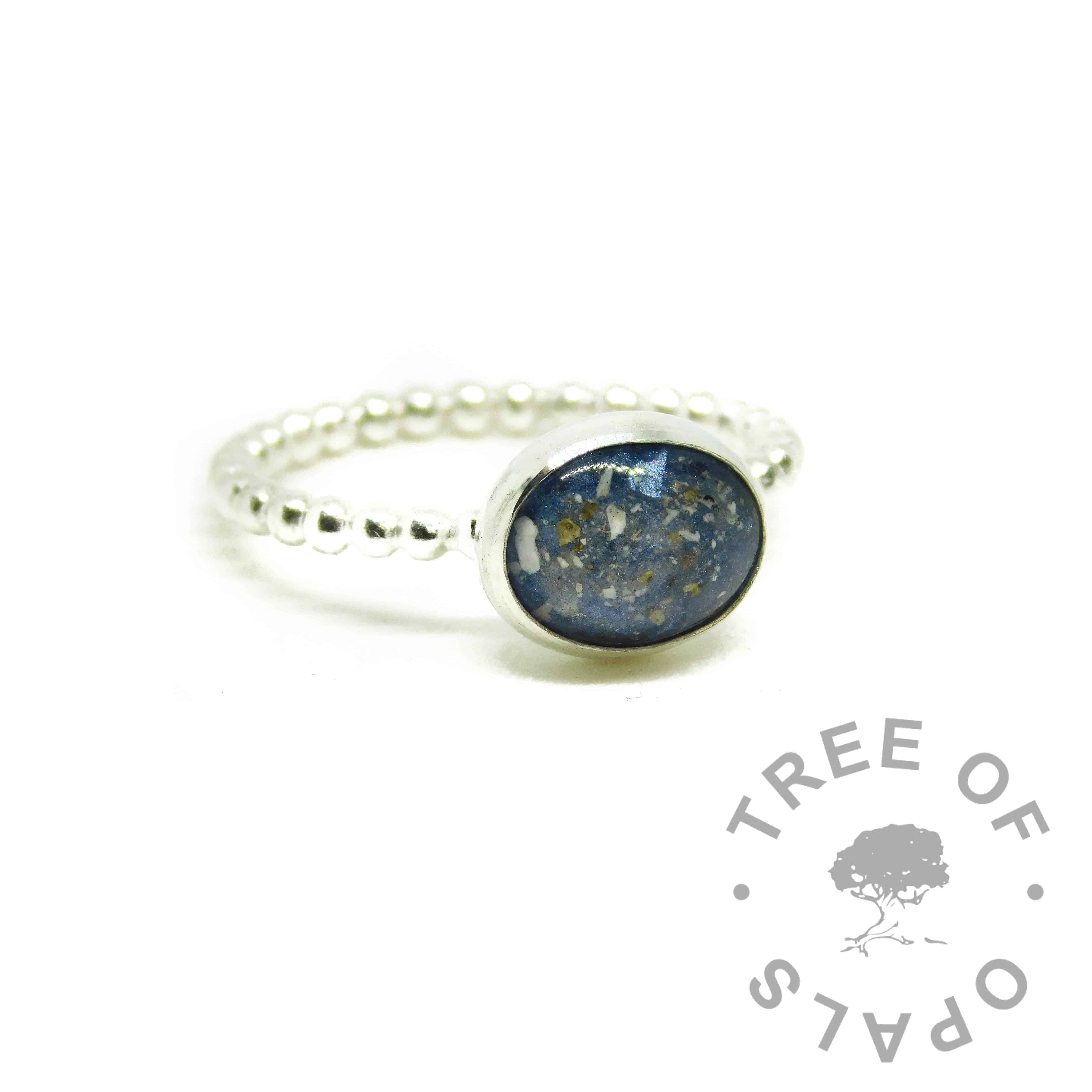 blue ashes ring, cremation ashes ring on bubble band. Aegean blue resin sparkle mix