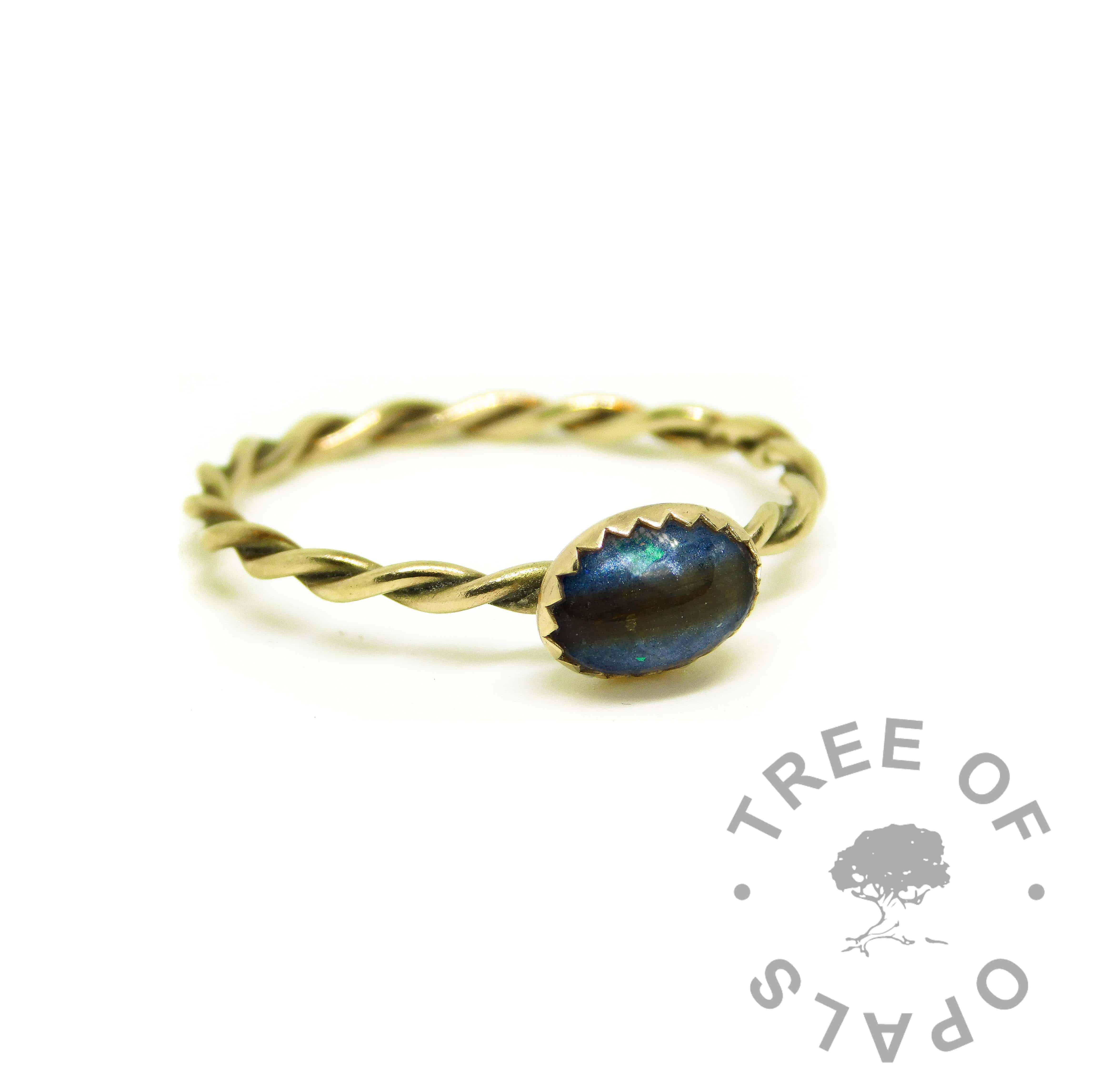 blue gold ashes ring, Aegean blue resin sparkle mix, 14ct gold twisted wire band