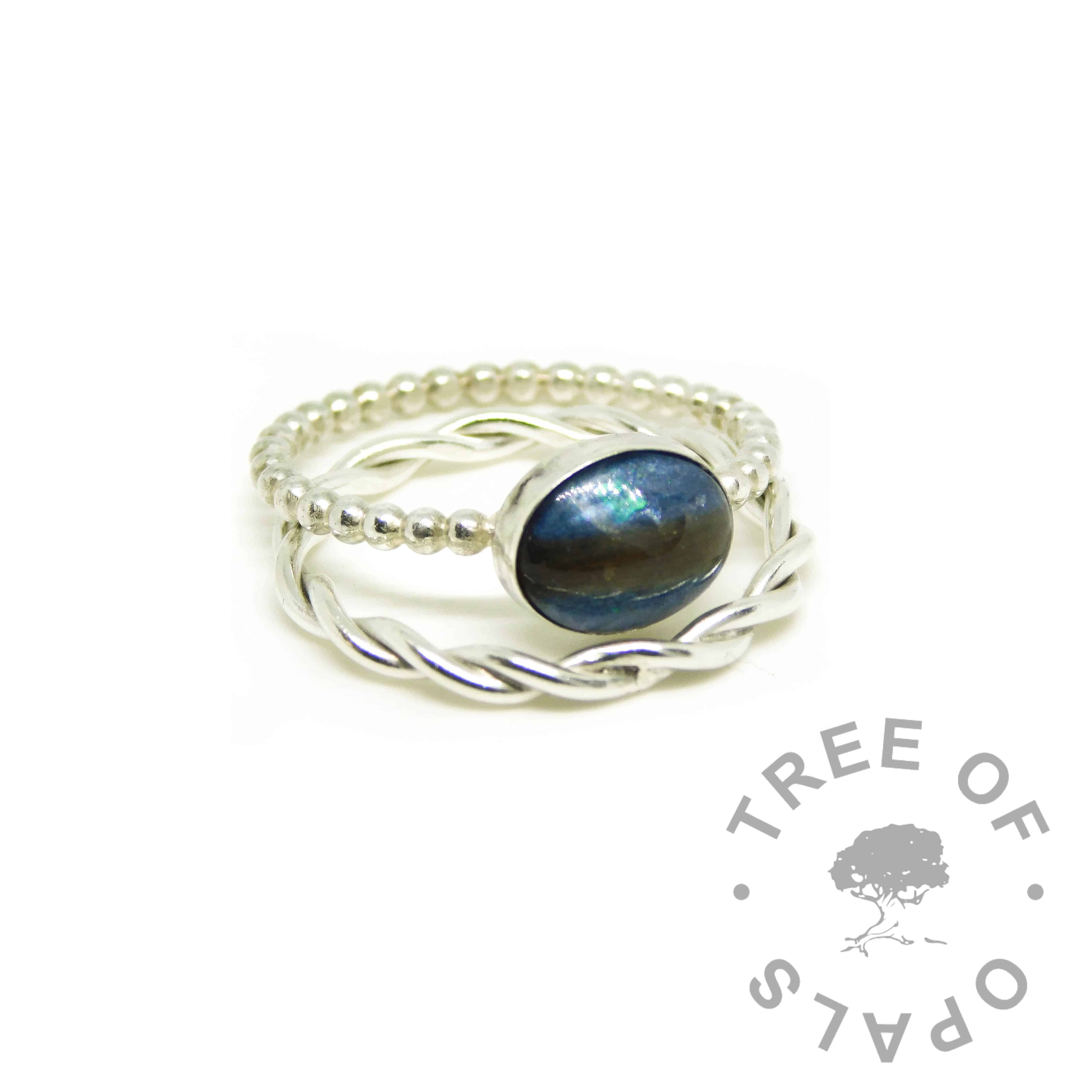blue hair ring, Aegean blue resin sparkle mix, bubble wire Argentium silver band. Shown with a twisted band slim stacking ring
