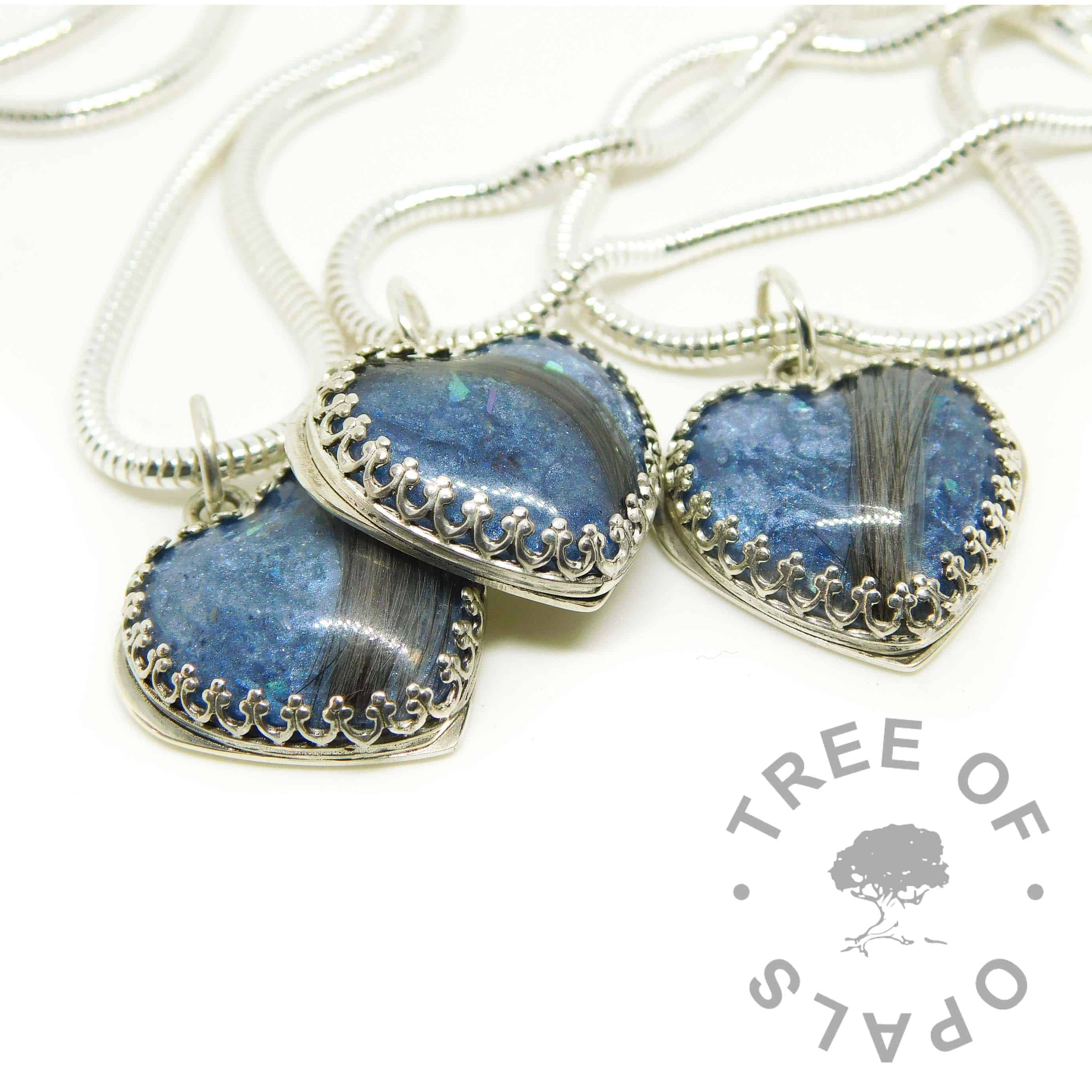 blue hair hearts with brown hair with some grey strands. Aegean blue resin sparkle mix. Family order