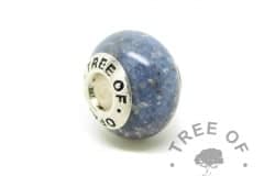 cremation ash charm. Cremation ashes with Aegean blue resin sparkle mix, no birthstone. Set with solid sterling silver Tree of Opals core for Chamilia and Pandora bracelets. Watermarked copyright image by Tree of Opals