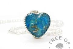 New style heart necklace setting with scalloped edge. Aegean blue resin sparkle mix, cremation ashes, shown with a medium classic chain upgrade (mockup of new setting)