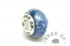Aegean blue cremation ash charm bead with a solid 925 sterling silver Tree of Opals core. Pressed core for security (not glued on) for Pandora bracelets and necklaces