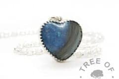 New style heart necklace setting with scalloped edge. Aegean blue resin sparkle mix, lock of hair, shown with a medium classic chain upgrade (mockup of new setting)