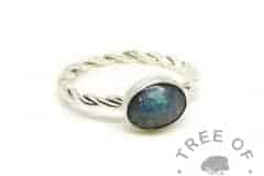 blue ashes ring, Aegean blue resin sparkle mix, twisted wire Argentium silver band