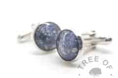 cremation ash cufflinks aegean blue and set in solid sterling silver handmade settings. 12mm wide bezel cups and we take a photo of the ash cabochon ("stone") before setting to check you like the colour