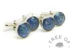 lock of hair cufflinks with Aegean Blue Resin Sparkle Mix, white/clear see-through hair, two pairs