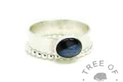 blue hair ring, lock of hair ring on 6mm shiny band. Aegean blue resin sparkle mix, shown with bubble wire stacker