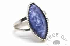 marquise lock of hair ring aegean blue sparkle mix and lock of white hair, split band shank and serrated bezel cup, 10x20mm marquise cabochon, handmade by Tree of Opals