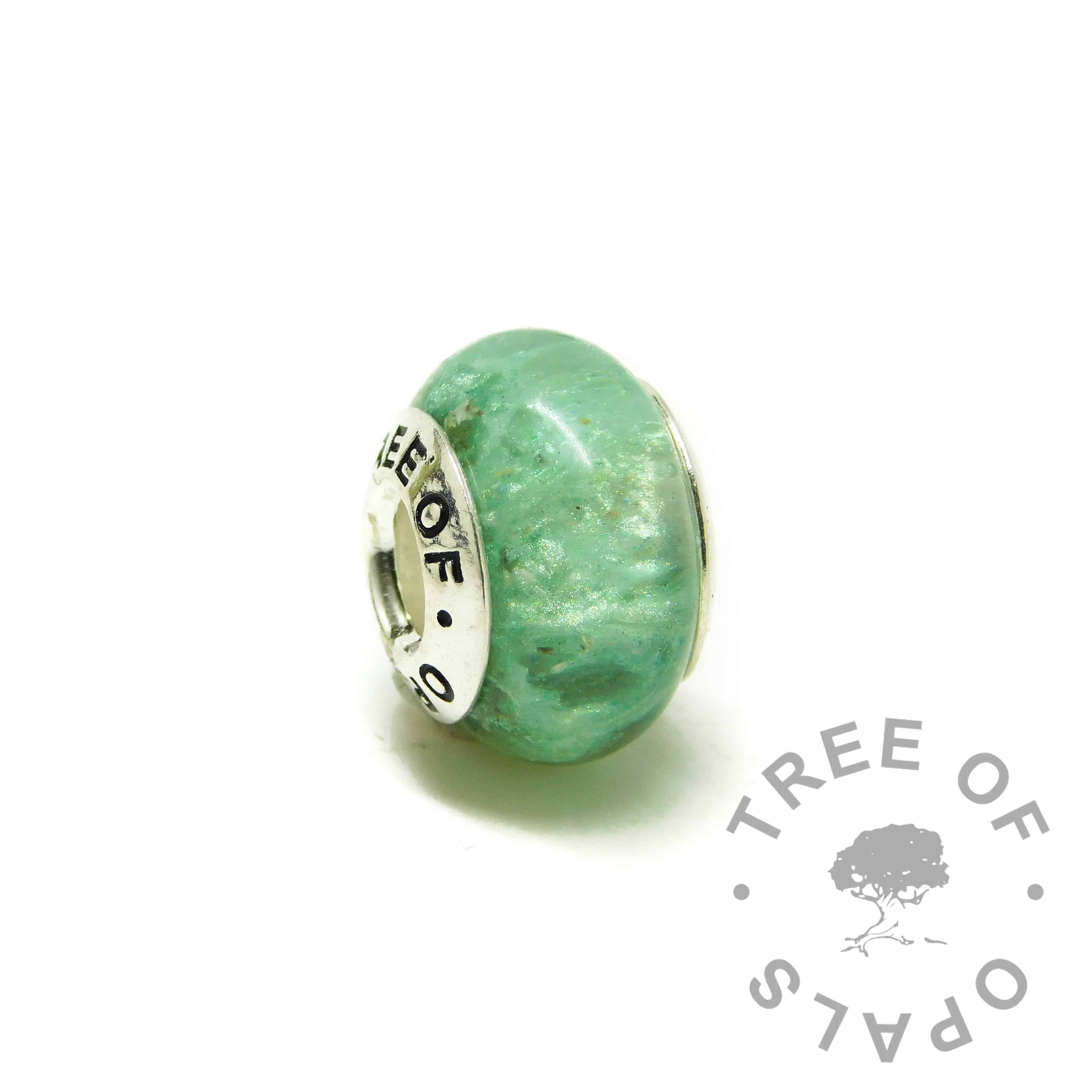 ashes charm with Tree of Opals core, angelic aqua resin sparkle mix cremation ashes charm bead
