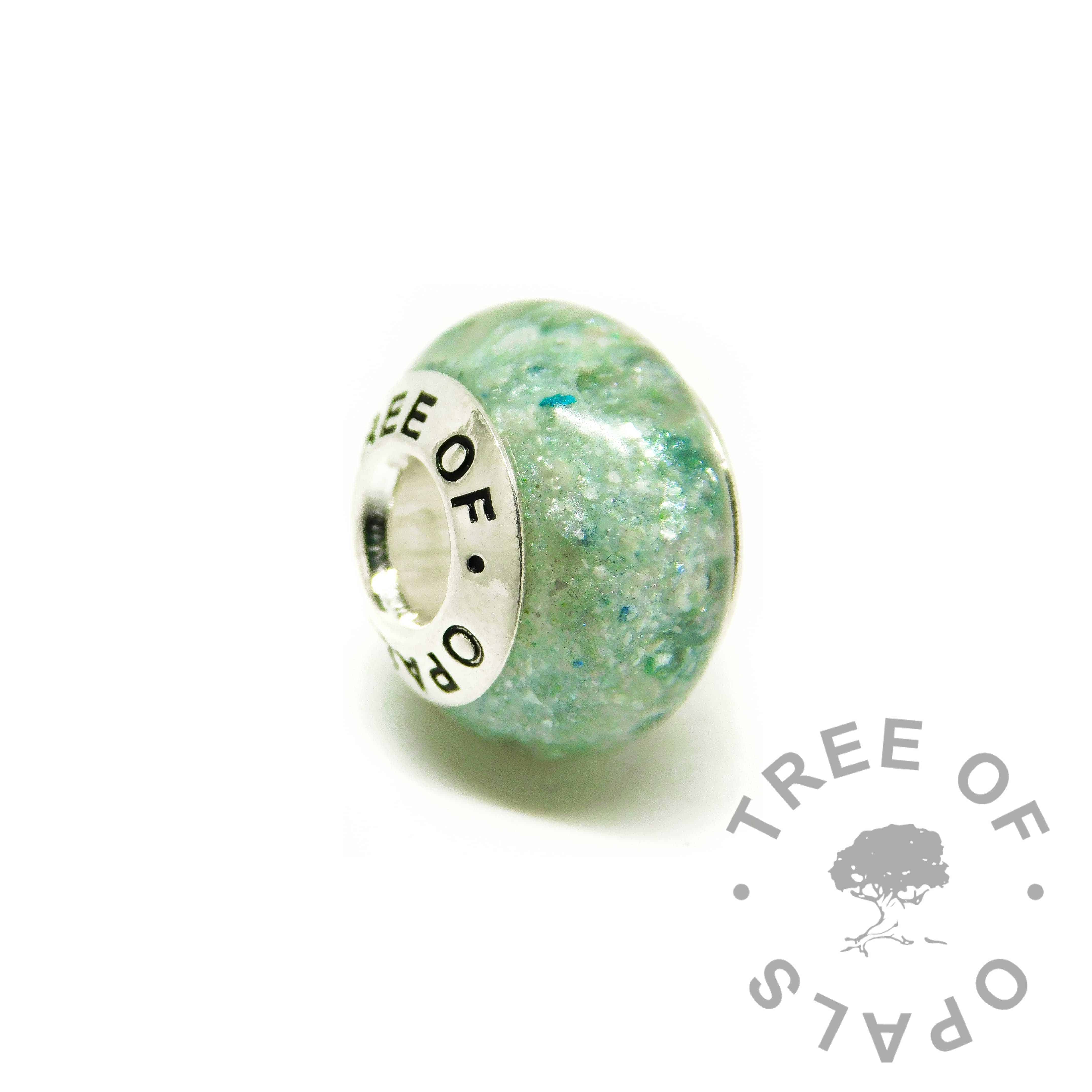 aqua ashes charm bead for Pandora bracelets, angelic aqua resin sparkle mix