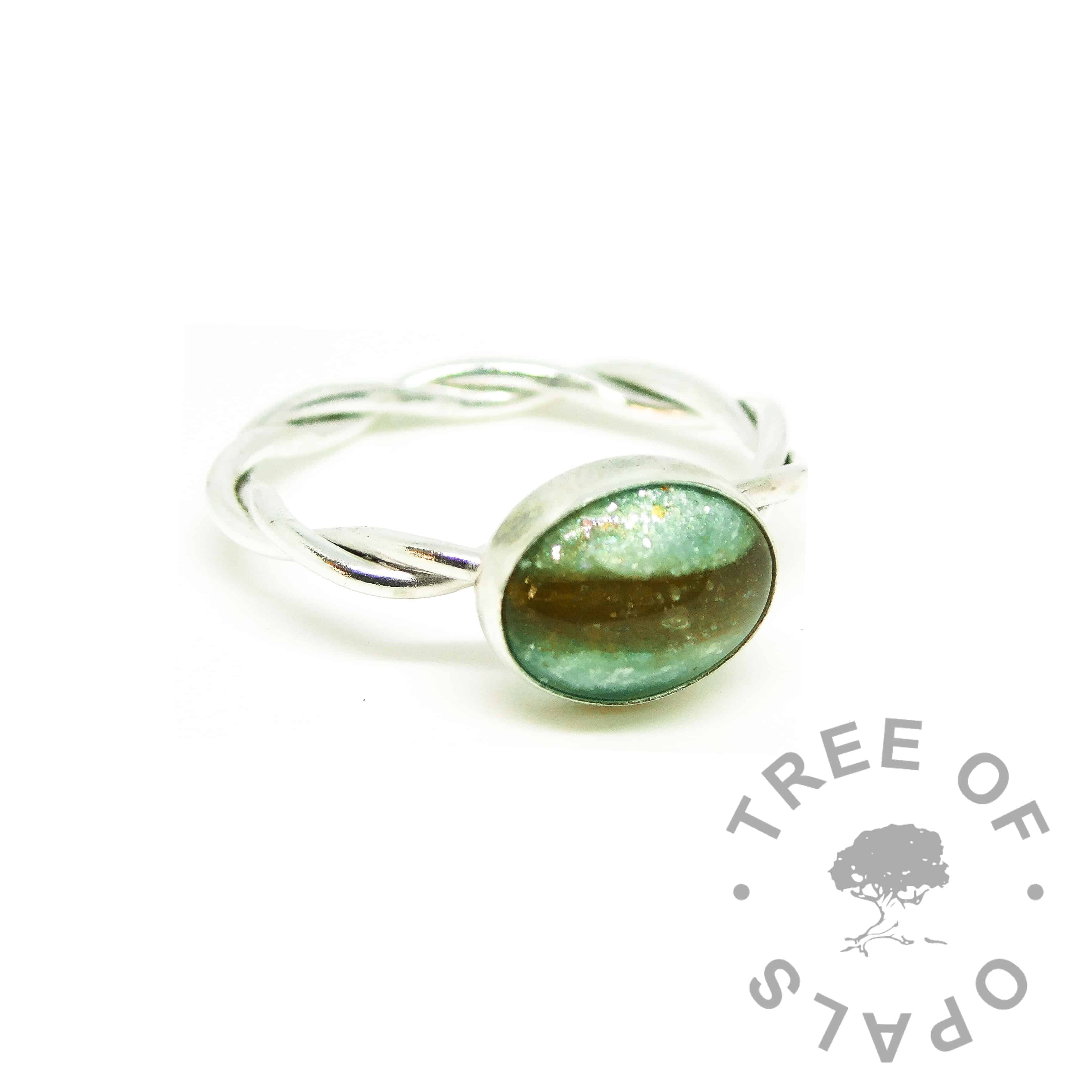 aqua hair ring, angelic aqua resin sparkle mix, twisted wire Argentium silver band