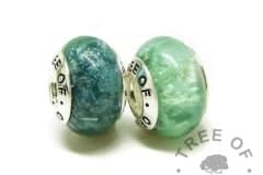 ashes charms with Tree of Opals core, mermaid teal and angelic aqua resin sparkle mix cremation ashes charm beads