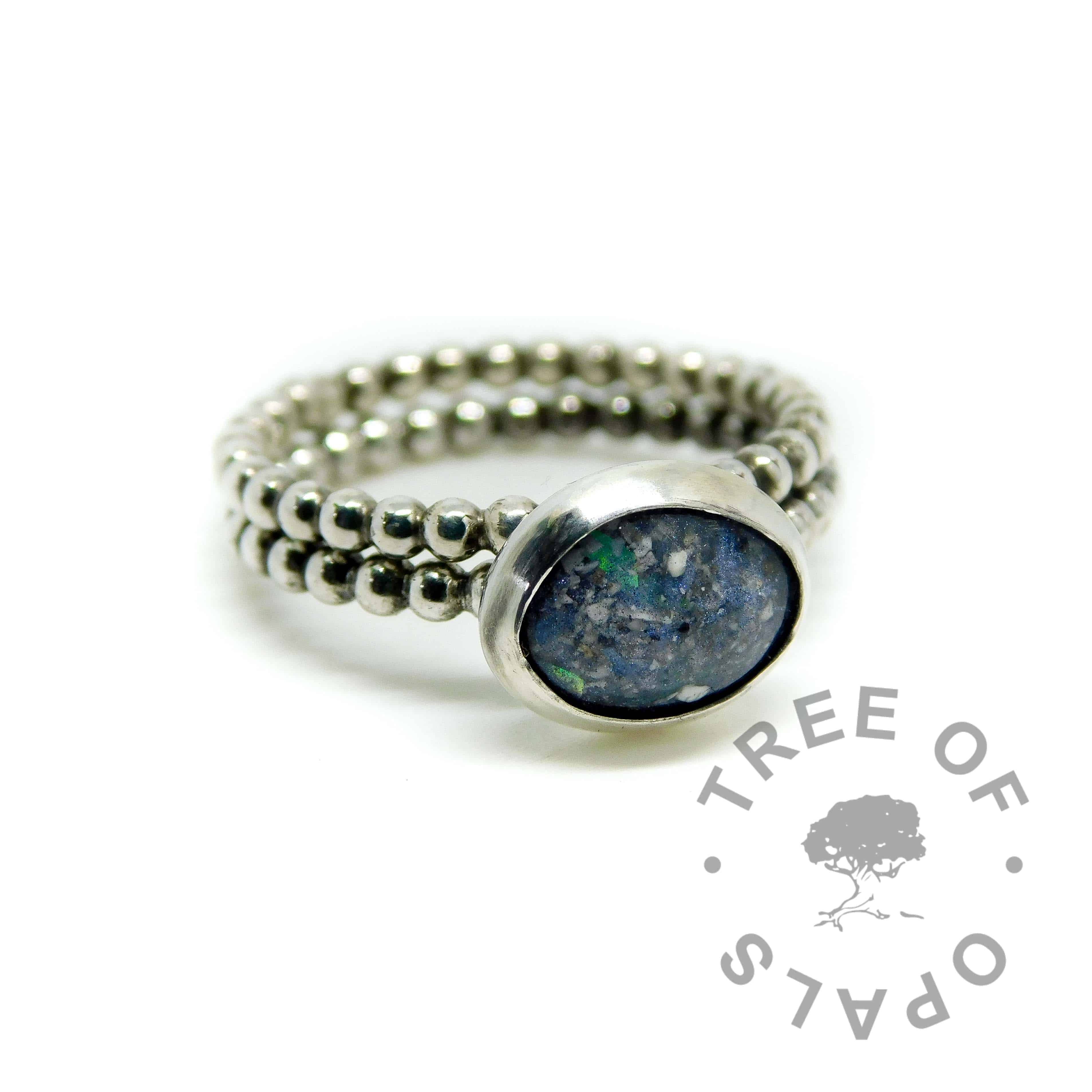 bubble wire band cremation ash ring with mermaid teal sparkle mix and bubble wire stacking band
