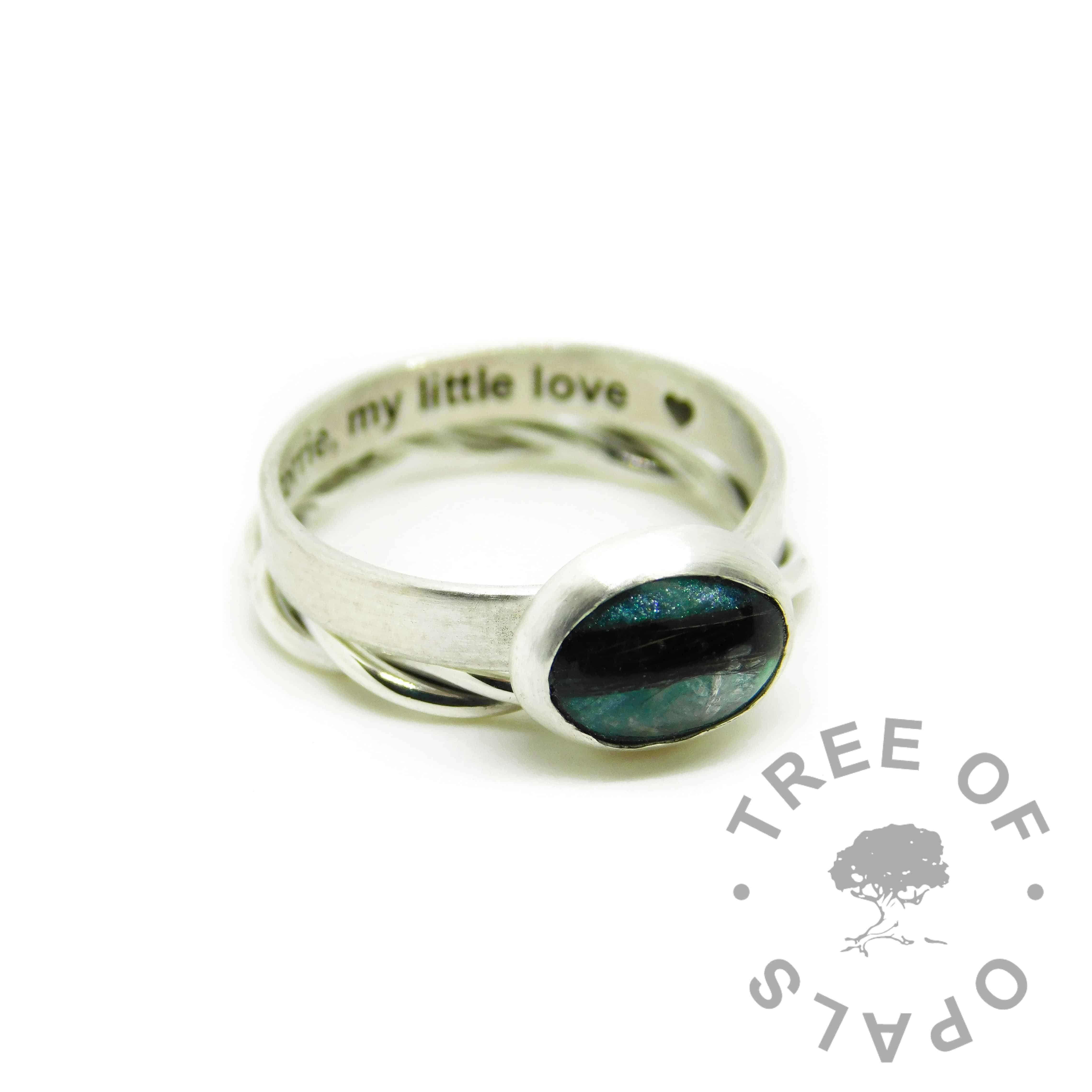 mermaid teal resin sparkle mix and hair ring, brushed band engraved inside with arial font, shown with a twisted wire stacking band