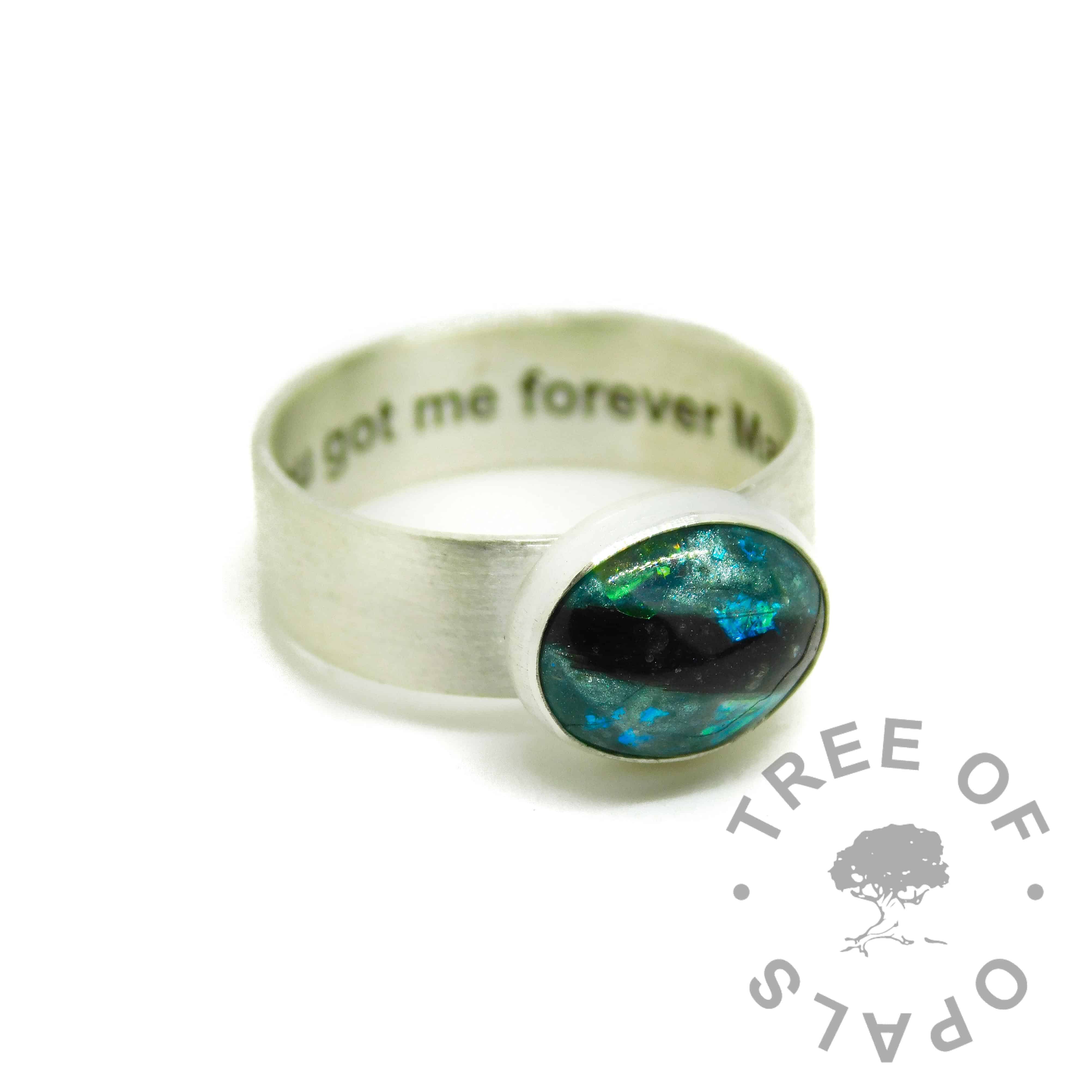 mermaid teal resin sparkle mix and hair ring, 6mm wide shiny band engraved inside with arial font