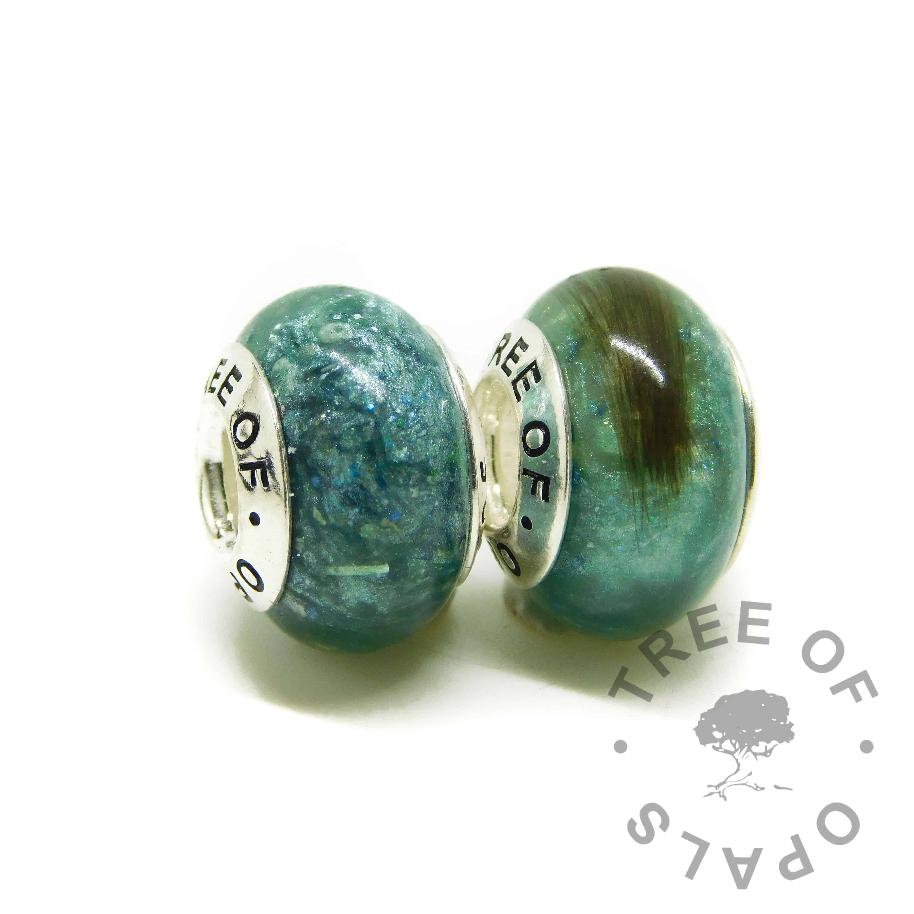 ashes and hair charm duo with Tree of Opals core, mermaid teal resin sparkle mix cremation ashes and lock of hair charm beads