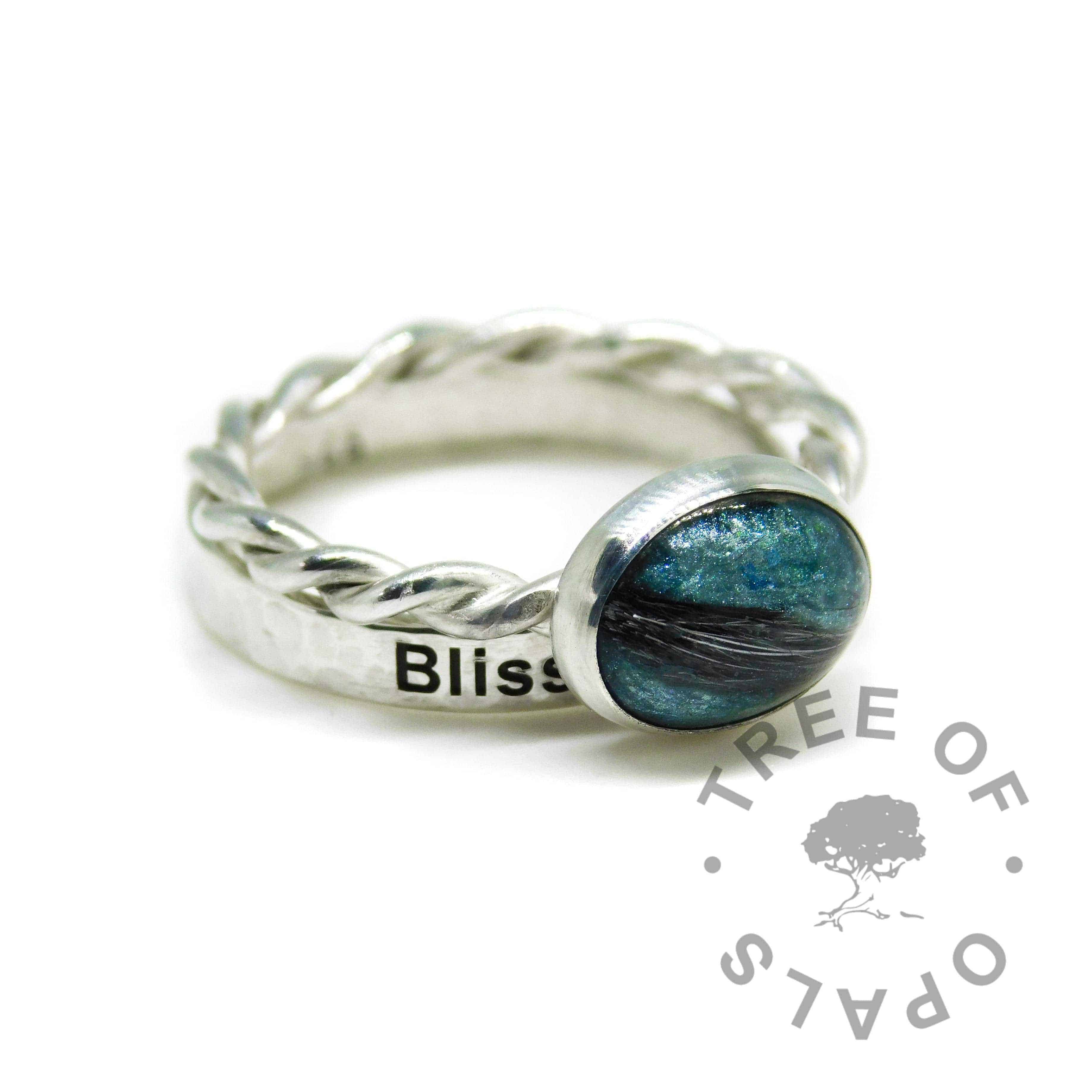 teal fur ring twisted band. Memorial ring from Tree of Opals with solid sterling EcoSilver band, and a textured engraved stacking ring with engraving on the outside in Arial font