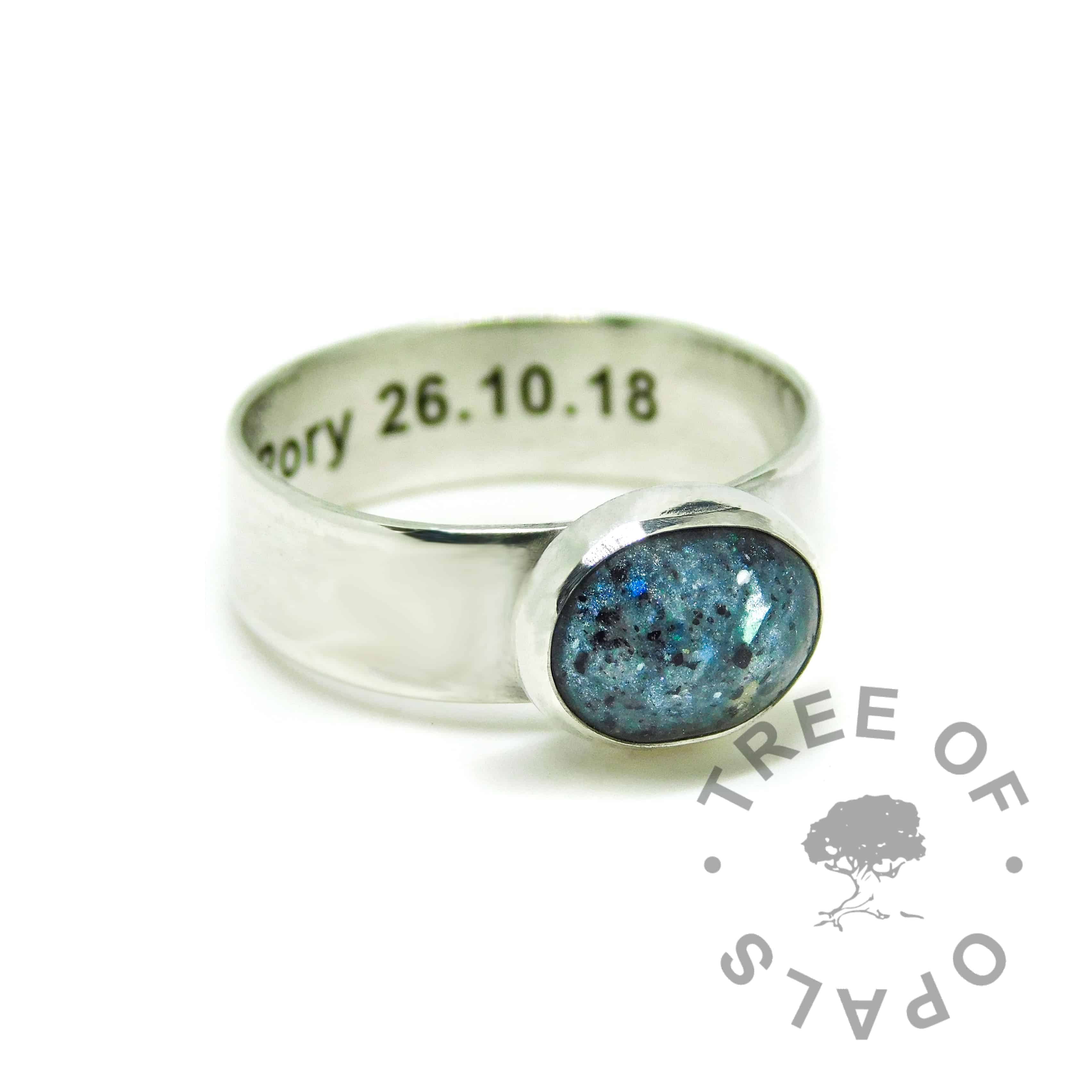 mermaid teal umbilical cord ring on 6mm shiny band. Solid 925 sterling EcoSilver handmade ring with engraved text on the inside of the band, in Arial font. 10x8mm bezel cup rubbed over the cabochon for security.
