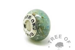 Cremation ash charm with basilisk green resin sparkle mix, no birthstone, gold leaf. Solid sterling silver Tree of Opals signature core (925 stamped on the back). Watermarked copyright Tree of Opals memorial jewellery image