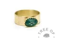 chunky gold ashes ring wide band, 9ct gold brushed band, mermaid teal resin sparkle mix. Mockup