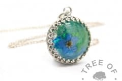 Mystery piece example, forget me not hair necklace, green blue and teal resin sparkle mixes swirled together
