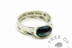 mermaid teal resin sparkle mix and hair ring, brushed band engraved inside with arial font, shown with a twisted wire stacking band