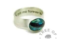 mermaid teal resin sparkle mix and hair ring, 6mm wide shiny band engraved inside with arial font