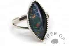 marquise lock of hair ring with mermaid teal sparkle mix, black fur and solid sterling silver handmade setting