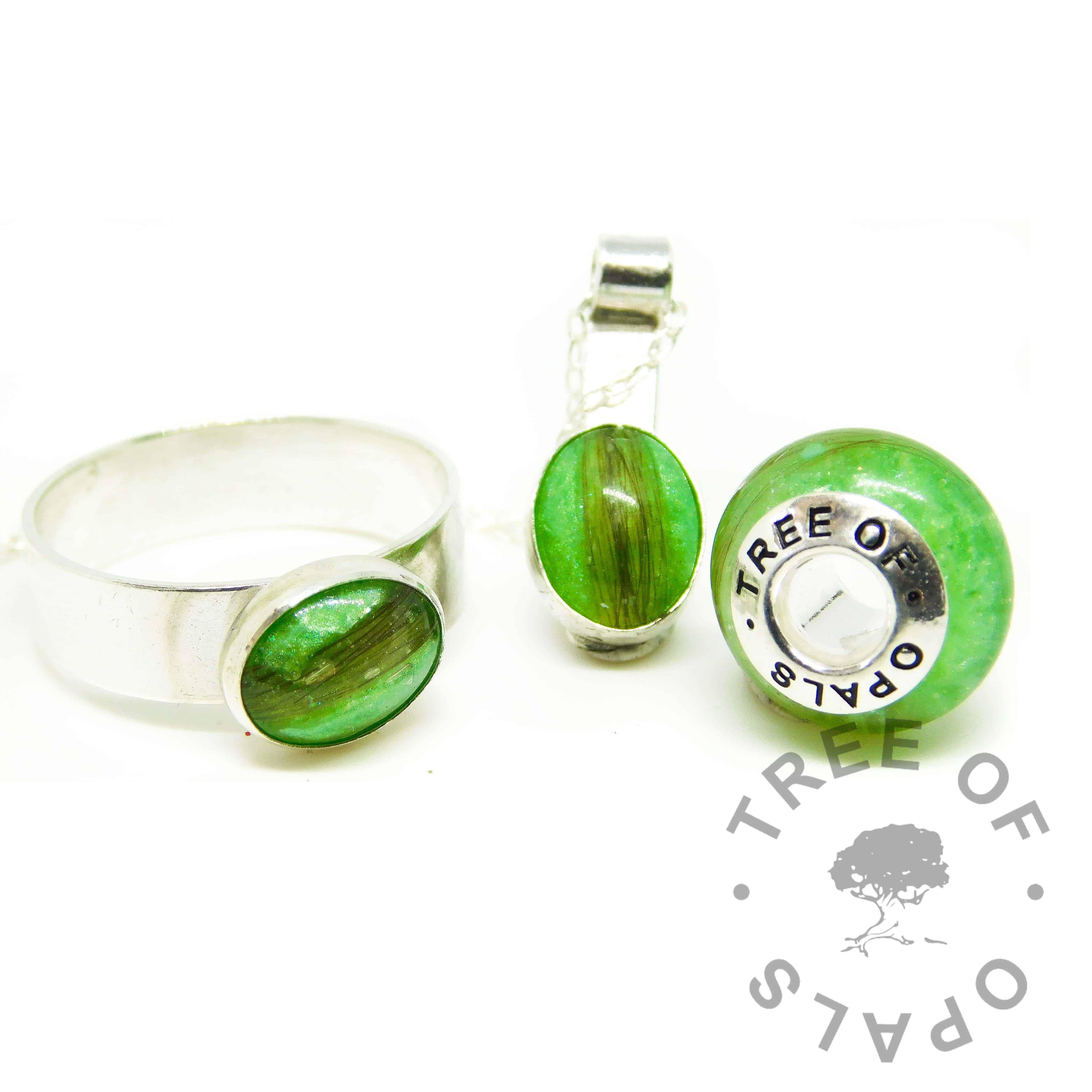 green hair ring 6mm shiny band, and two mystery pieces, a charm bead for Pandora bracelet and necklace, basilisk green resin sparkle mix