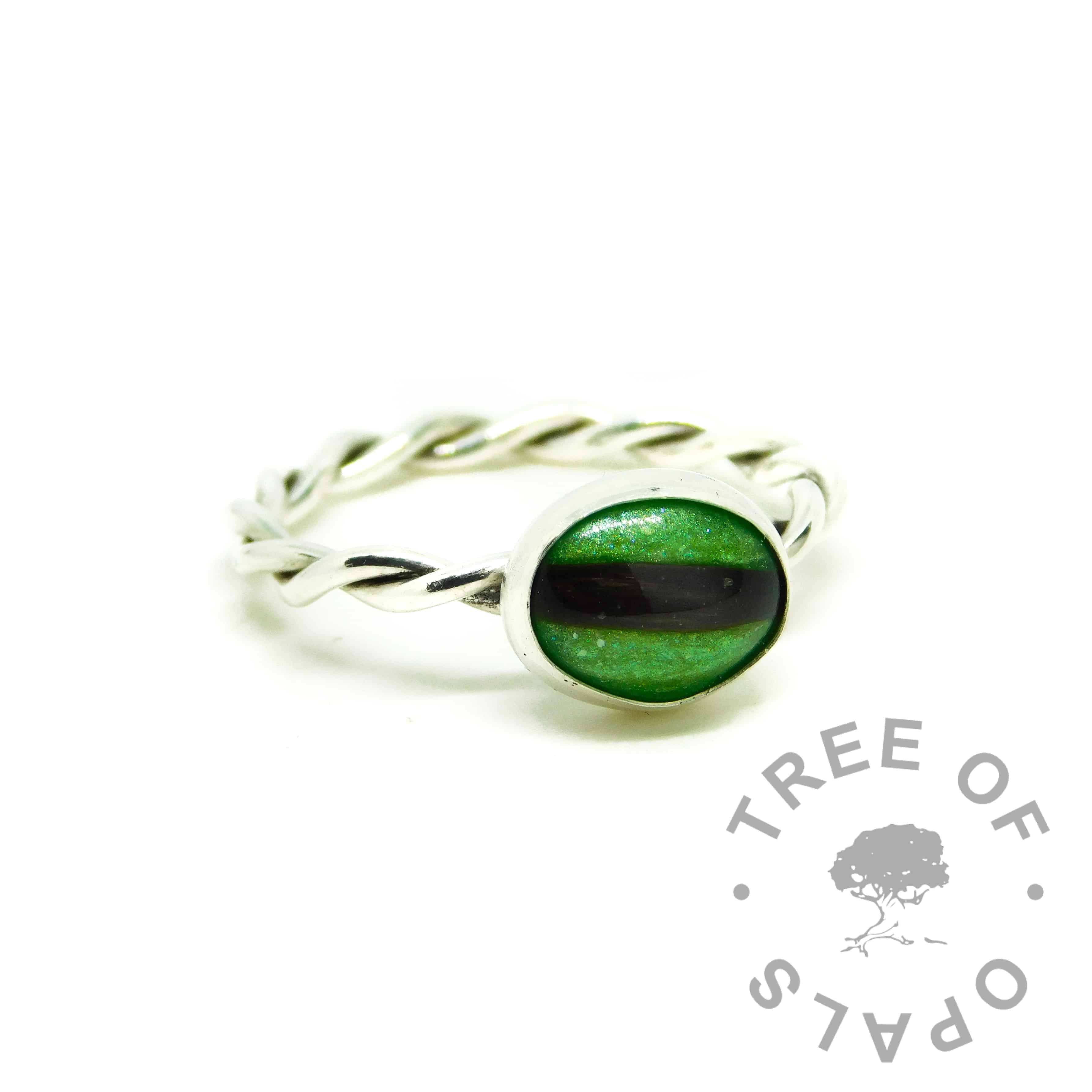 green hair ring. Twisted wire band, Argentium silver 935 purity