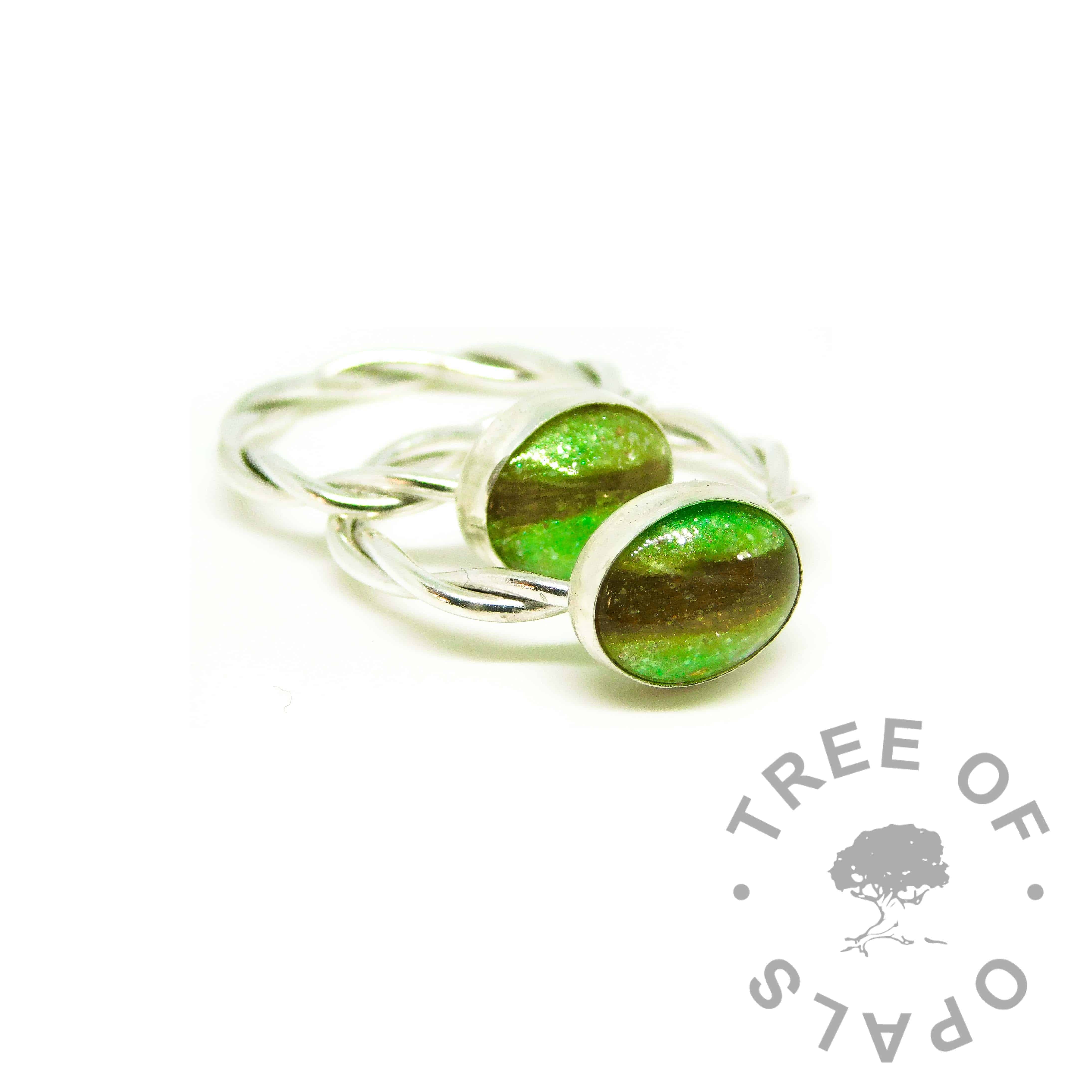 green hair ring duo, basilisk green resin sparkle mix, twisted wire Argentium silver bands