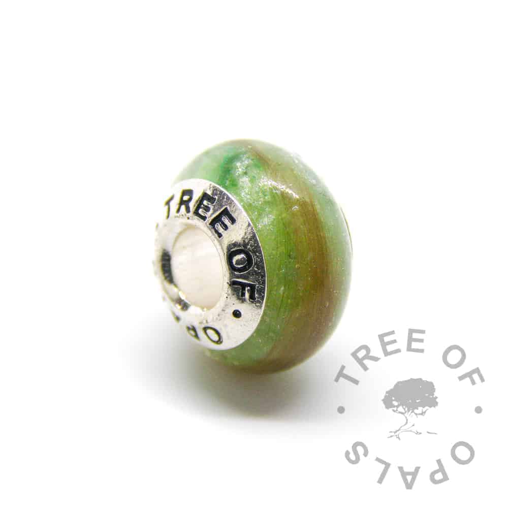lock of hair charm basilisk green sparkle mix and solid sterling silver Tree of Opals core
