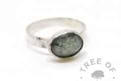 memorial ring, grey hair and basilisk green sparkles on a textured 3mm wide solid sterling silver band and 10x8mm cabochon "stone"