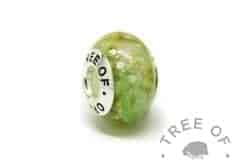 ashes charm with Tree of Opals core, basilisk green resin sparkle mix and subtle gold leaf. cremation ashes charm bead