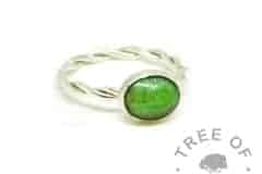 green ashes ring, basilisk green resin sparkle mix, twisted wire Argentium silver band