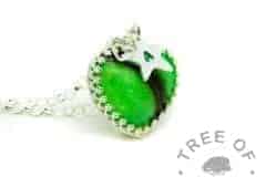 green lock of hair heart necklace with small star pendant, handstamped with a letter, medium classic chain upgrade