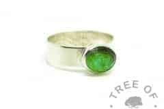 hair jewellery green ring, 6mm shiny Argentium silver band. Lock of hair with basilisk green resin sparkle mix