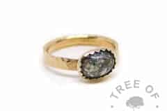 solid gold cremation ash ring textured 14ct hallmarked yellow gold stacking ring, cremation ash with basilisk green sparkle mix in an 8x6mm cabochon handmade by Tree of Opals