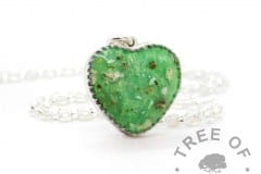 New style heart necklace setting with scalloped edge. Basilisk green resin sparkle mix, umbilical cord and silver leaf, shown with a medium classic chain upgrade (mockup of new setting)