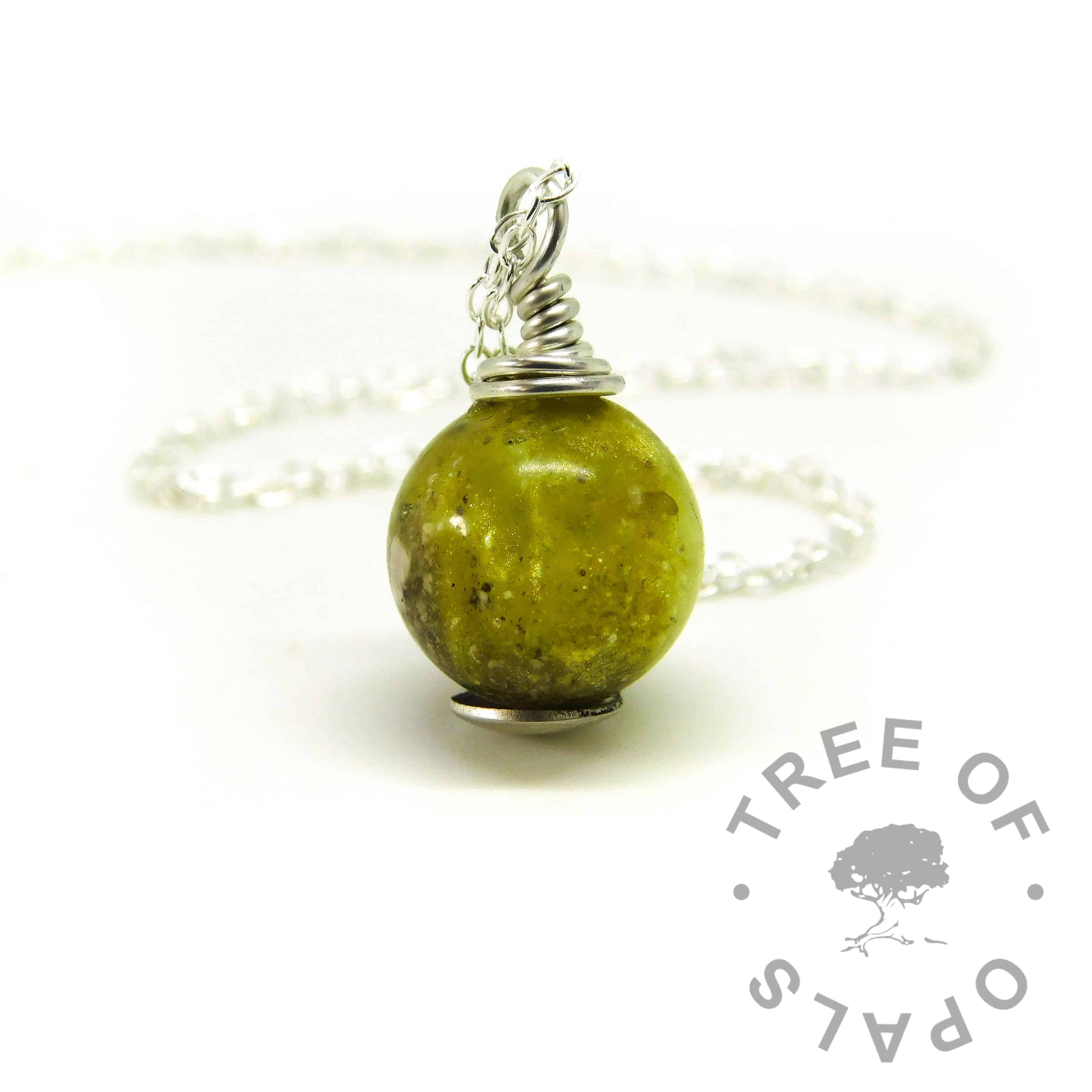 yellow ashes orb, wire wrapped necklace setting. Chimera yellow resin sparkle mix