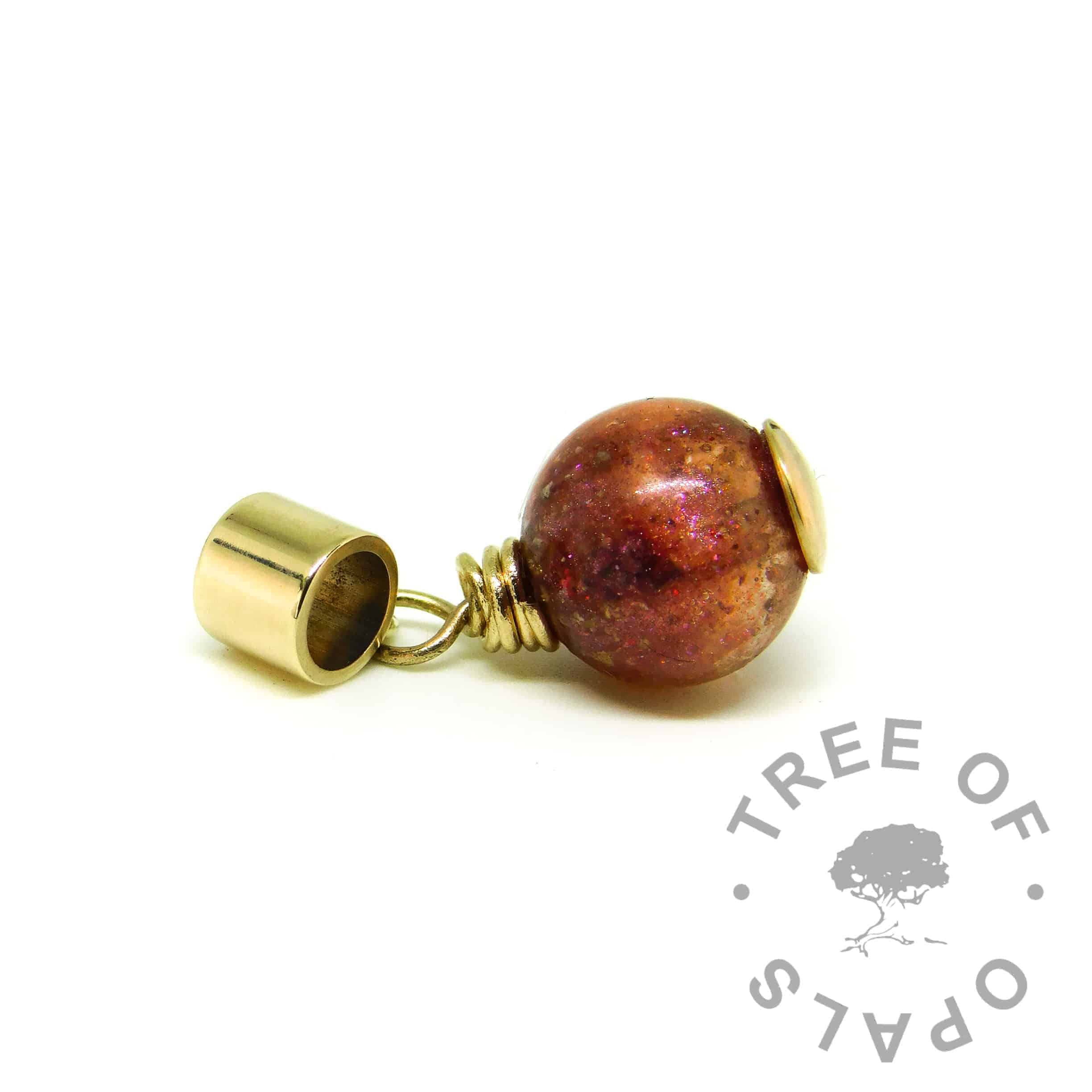 solid gold ashes charm, orb with solid 9ct gold wire wrapped setting for European bracelets like Pandora. Dragon's blood red resin sparkle mix