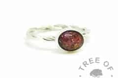 red ashes ring, cremation ashes ring on twisted band. Dragon's blood red resin sparkle mix, naturally light ashes