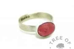 dragon's blood red resin sparkle mix cremation ash ring, engraved brushed band. Ashes ring memorial jewellery