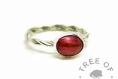 red hair ring, lock of hair ring on twisted band. Dragon's blood red resin sparkle mix