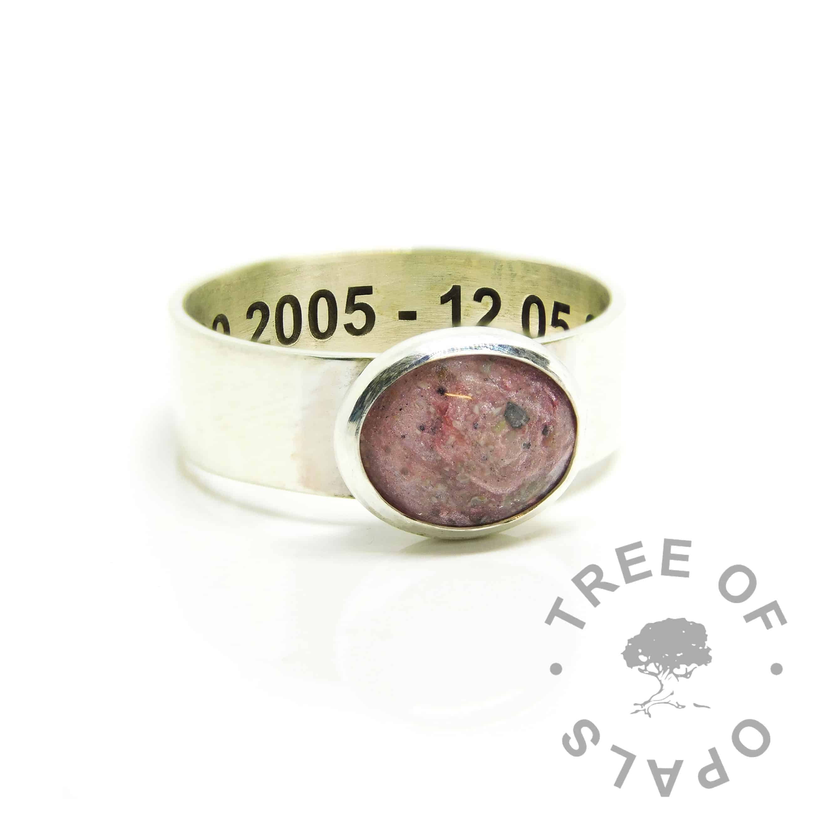 ashes ring pink, fairy pink resin sparkle mix, 6mm shiny band ring setting, engraved inside in arial font