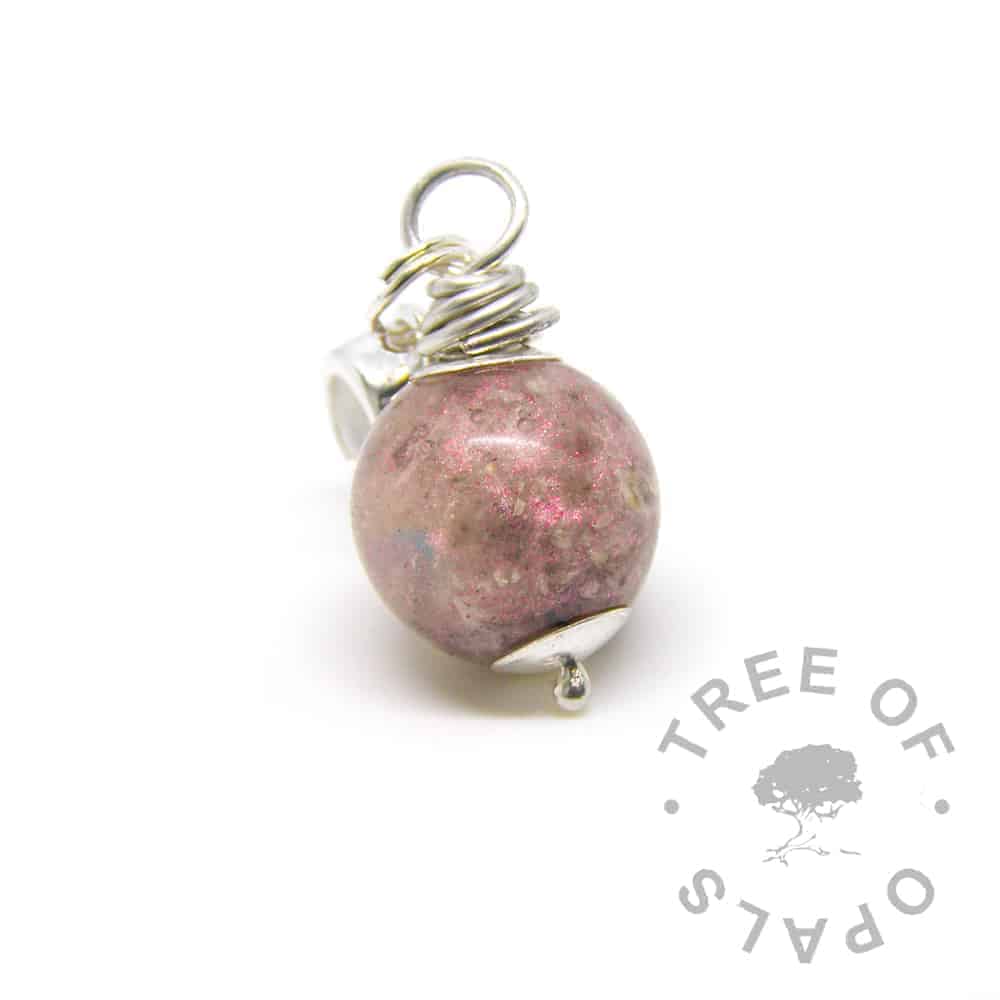 cremation ash pearl with fairy pink and opal on a European dangle charm setting for Pandora bracelets