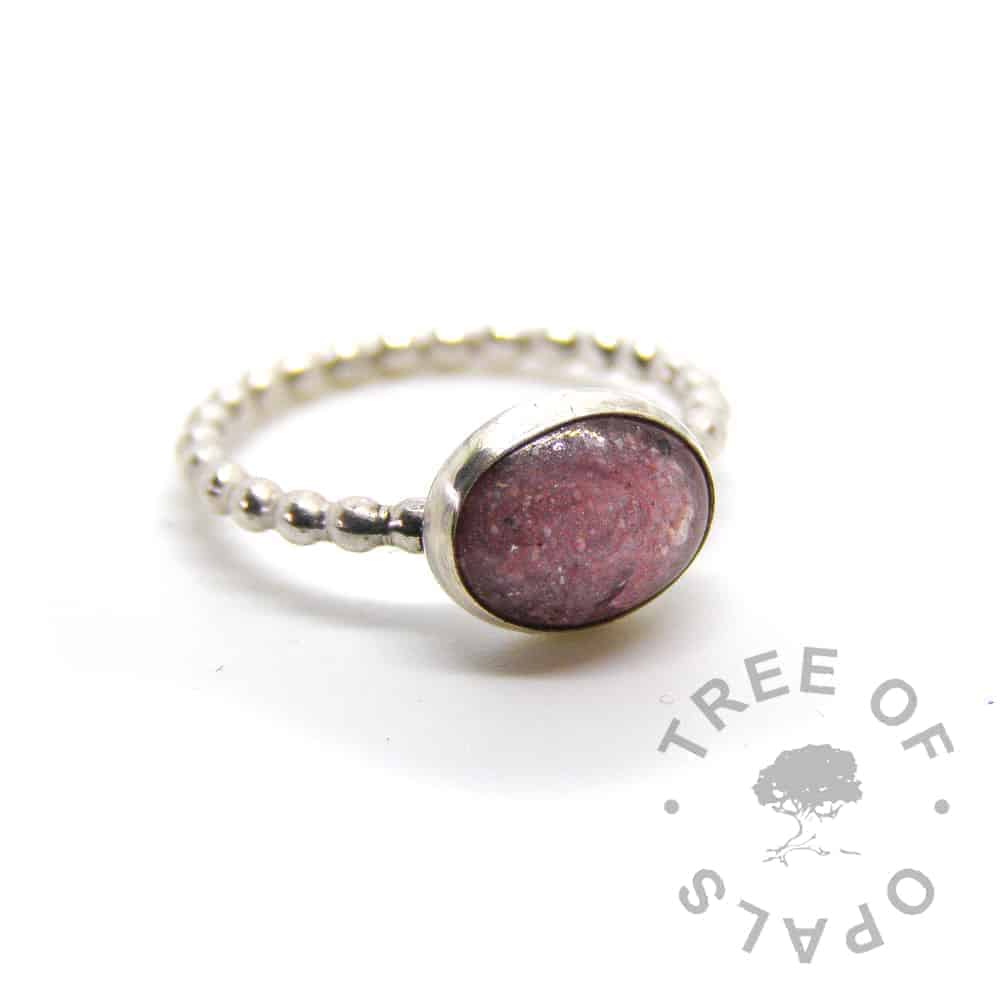 cremation ash ring fairy pink sparkle mix on bubble wire band in solid sterling silver