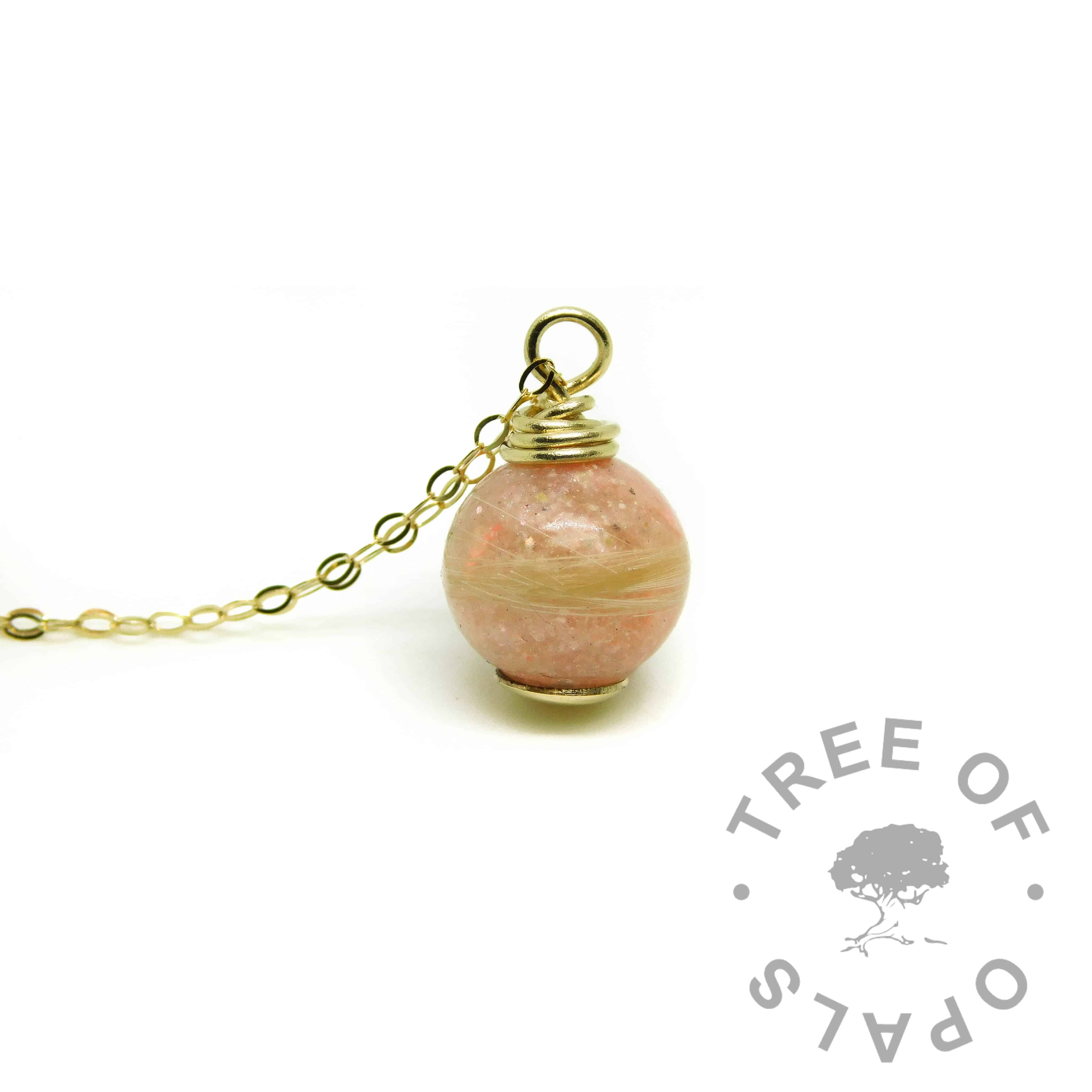 solid gold lock of hair pearl with fairy pink resin sparkle mix - gold hair necklace memorial jewellery